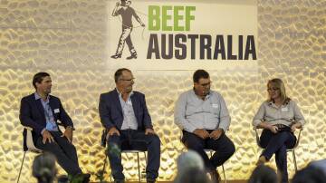 From left, producer Fred Hughes, Coles National Livestock Manager Red Meat Steve Rennie and industry advocate Jason Strong with CBA's General Manager for Agribusiness Natasha Greenwood at CommBank's Momentum X event. Picture supplied