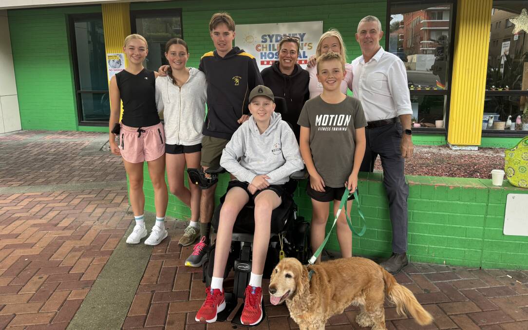 Ted Chick and Mac Downes pictured with family outside of the Sydney Children's Hospital, Randwick, before Miles 4 Mac kicked off. Picture supplied.