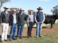 Auctioneer Paul Dooley, Tamworth, Gerald Spry, Sprys Shorthorn and Angus, Mark and Wendy Perkins, WE Livestock Pty Ltd, Pullenvale, Qld and Matt Spry, Spry's Shorthorns and Angus, with the top-priced bull Sprys Shorthorns and Angus.  