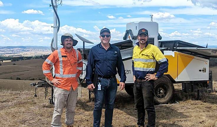 CASA inspector Nick Logan with Sphere Drones' solution specialist Kyle Nebel and chief remote pilot Elliot Cummins on site with Sphere Drones' HubX platform in the background. Picture supplied