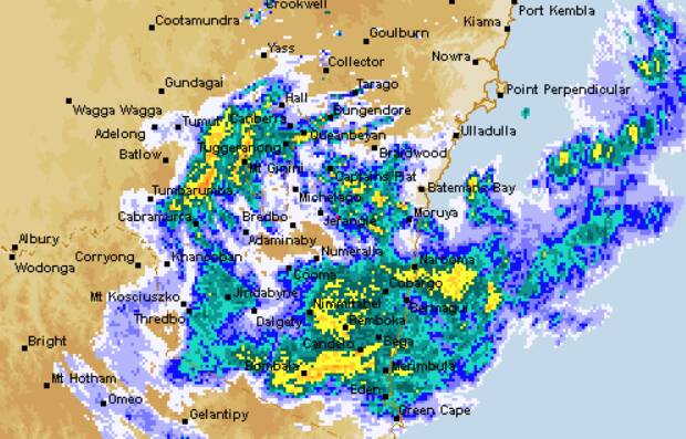 Intense rainfall was continuing to impact the South Coast and Southern Tablelands on Saturday. Picture supplied by Bureau of Meterology.
