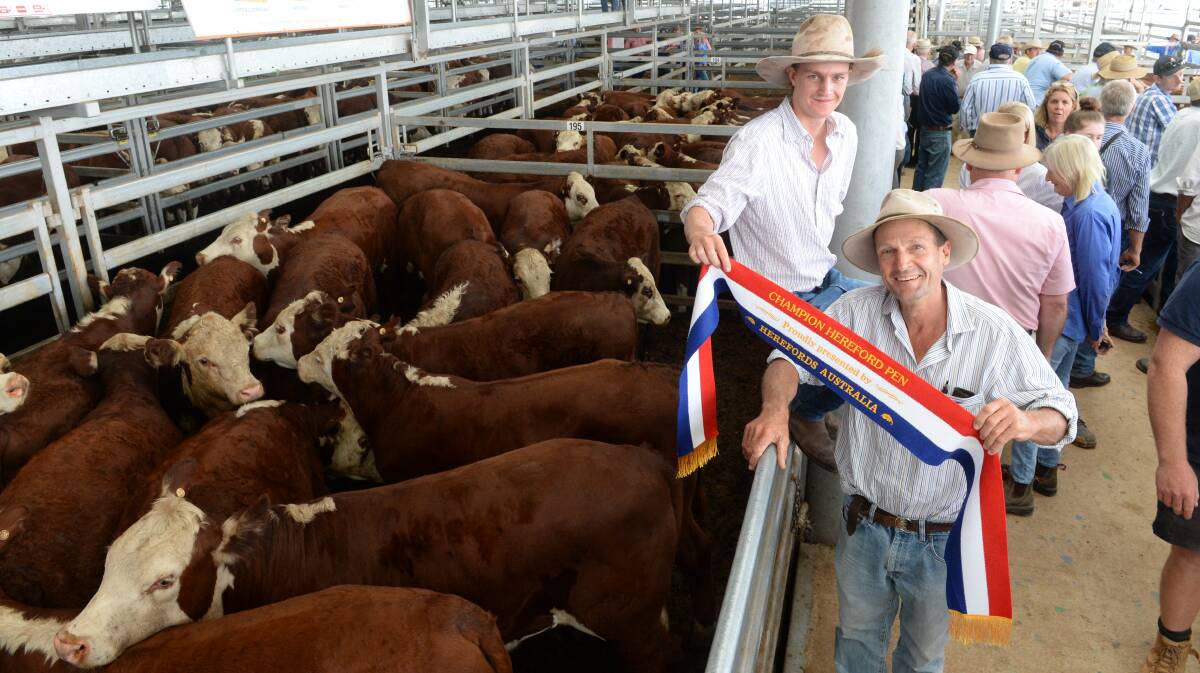 Andrew Sleigh and son Tom, of Sleigh Pastoral Company, Jerilderie, with their Herefords Australia champion pen of Bayunga blood, Kooringal-bred steers, 413kg, and bought by Gippsland steer finisher Graeme Osborne for $1270.
