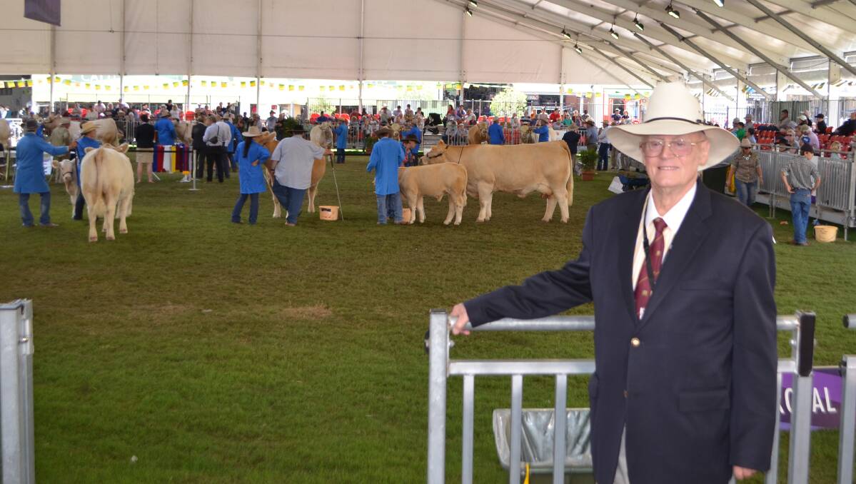 The late Mike Traynor, photographed taking a keen interest in the judging of a Charolais class during the 2017 Royal Sydney Show. Mr Traynor was a keen supportter of the annual show in Sydney for more than sixty years.