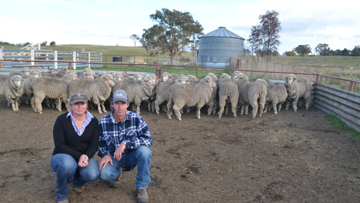 Jane and Brett Constance, "Athlone", Peak View, with their Yarrawonga-blood ewes, winner John Mooney Trophy for overall winner for the fifth time. Judge Rick Power said the flock was noted for its uniformity in type and wool.
