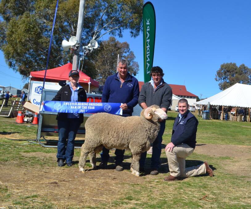 Ram of the Year - awarded to Richard and Brad Chalker, Lach River Merinos, Cowra, with sponsors Deanne Madgwick, Bromar Engineering, Grenfell and Trent Fordham, Riverina Wool Testers, Wagga Wagga.