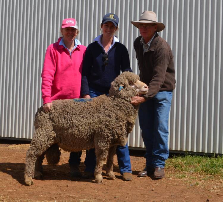 Bea Litchfield, Hazeldean Merinos, Cooma (centre) with Erica and Dave Shorter, "Boola", Burren Junction, and the top priced ram at $15,500 purchased by the Shorter family. 