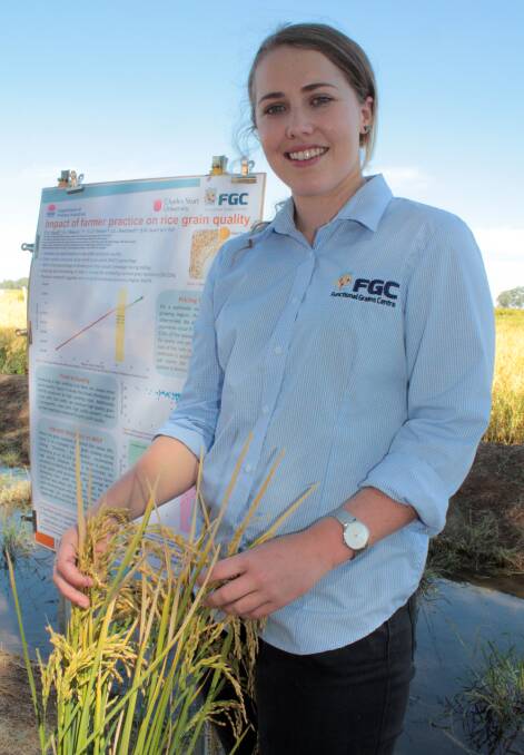 Charles Sturt University (CSU) PhD student and NSW Department of Primary Industries (DPI) researcher, Ms Rachael Wood, is investigating how rice grain quality is influenced by on-farm practices. Photo: Bernadette York