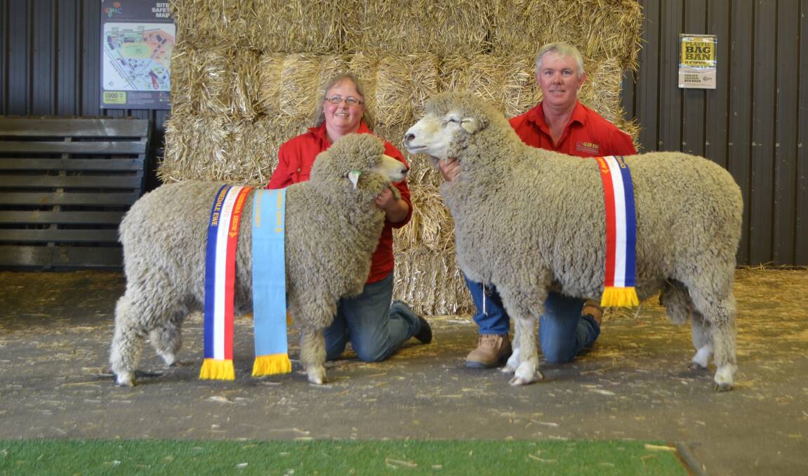 Melina Waters and Ric Houlahan, Rose-lea and Glen Esk Coriedales, Rydal with thier champion ewe and ram. 