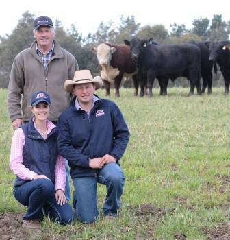 Poll Hereford and Angus producers' typically sell a number of bulls at the annual Goulburn bull sale. Jemma and Tim Reid, JTR Cattle Company, Roslyn, with Ross Robertson, Wynella, Roslyn. Photo: Clare McCabe