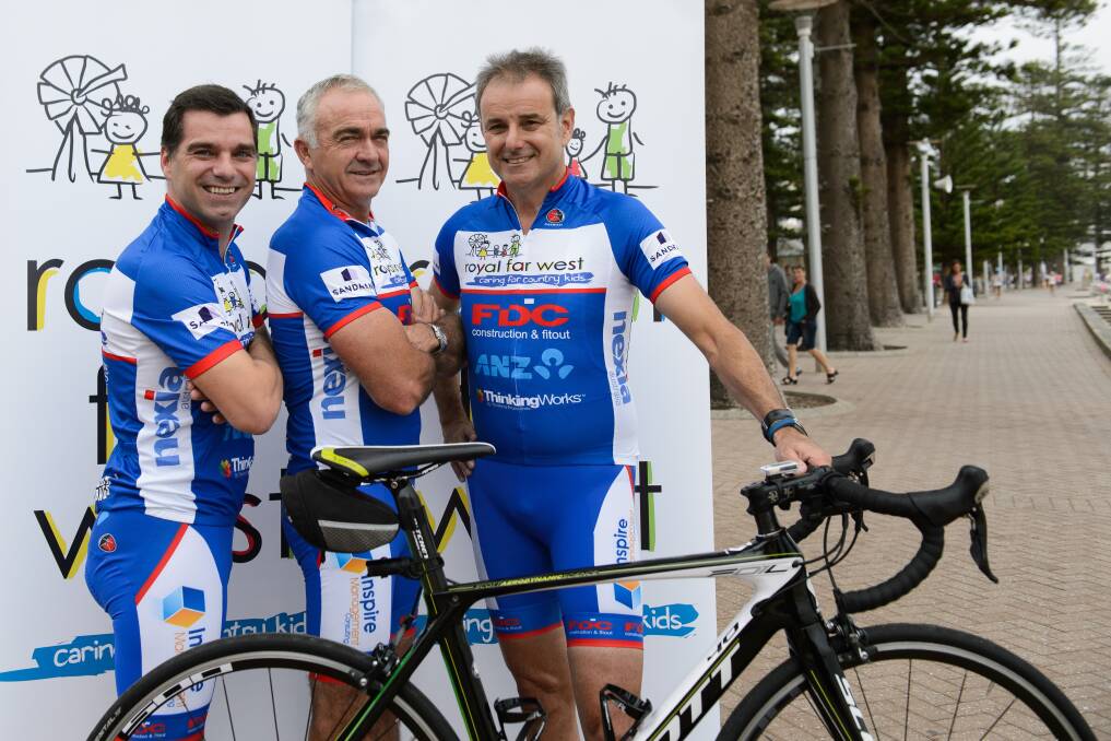 Caption: (L-R) Royal Far West’s Operations Director Kevin Bone joins tennis great Wally Masur and Tour de France commentator Mike Tomalaris for a practice run. Photo: supplied.