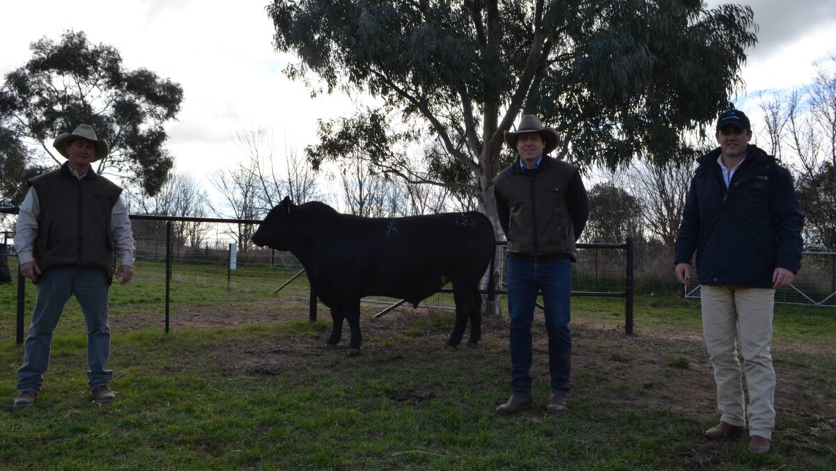 With Kenny's Creek Intensity L123 purchased for $26,000 - Adam Withers, manager Kenny's Creek Angus, Boorowa with stud principal Sam Burton-Taylor and Mick Corcoran, AuctionsPlus through whom the bull was bought.