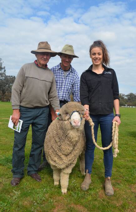 Top priced ram at $3200 bought by Ian and Marcus Clarke, Ournie via Jingellic with Georgie Pitson, Valley Vista Poll Merino stud, Culcairn.