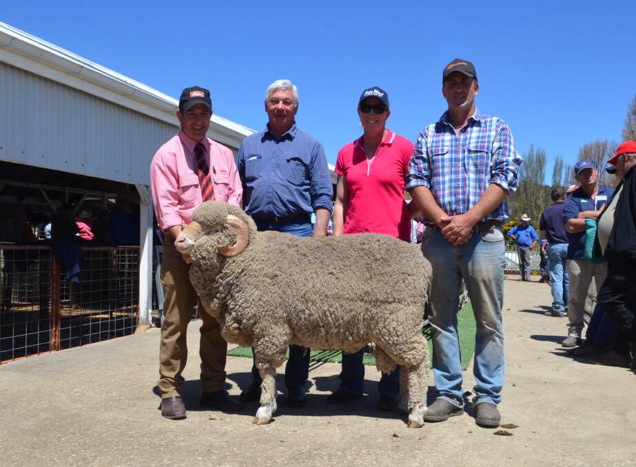 Sam Green, Elders, Cooma with Eddie and Lucy Sellers, Delegate and the top priced Main Range ram at $4200 bred by Steve Tozer, Main Range, Cooma.