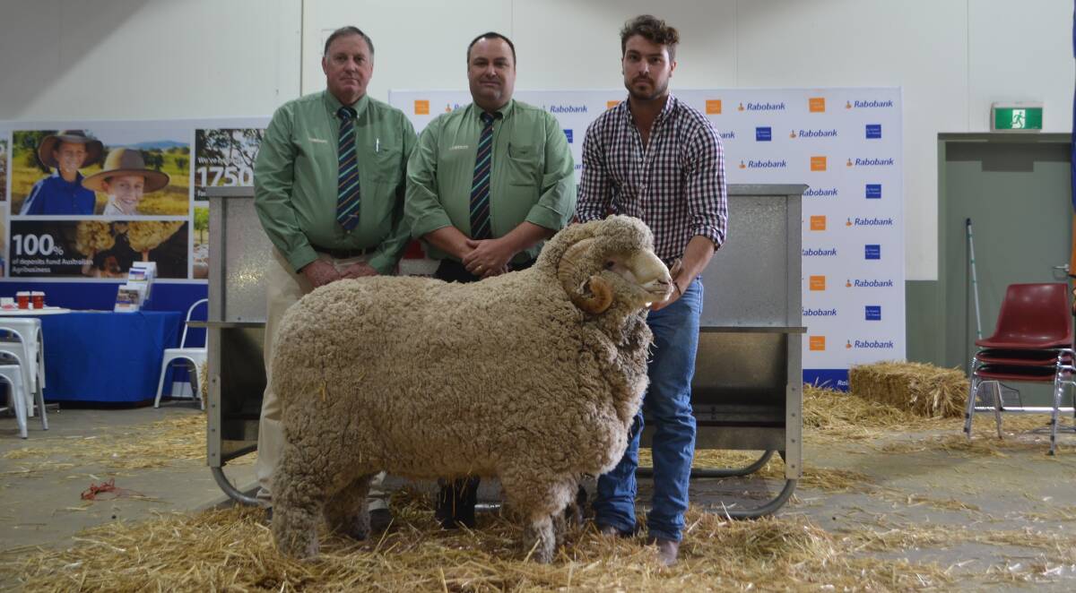 The top priced sale ram at $12,000 bred by Wal and George Merriman, Merryville stud, Boorowa and purchased by HM Barty and Sons, "Beverley", Redesdale, Victoria. Landmark studstock agents Stephen Chalmers and Brad Wilson (who bought the ram on behalf of the Barty family) are pictured with Jock Merriman from the Merryville stud.  