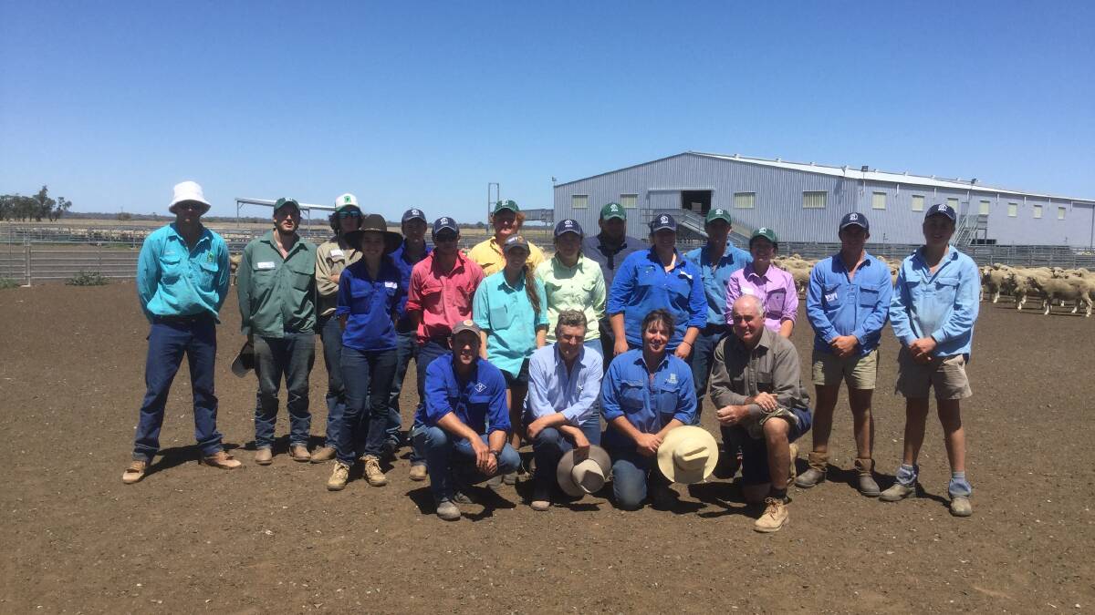 Training: Gathered in front of the woolshed at "Wyvern", Carrathool, are the latest intake for the 2016 HayInc Rural Training courses. In front are some of the trainers - Scott Dixon, "Wyvern" Carrathool, Chris Bowman, Nullabor Homestead, Hay, Richard Cannon, "Rosedale", Hay and Keith Bolitho, Hay. Photo: supplied 