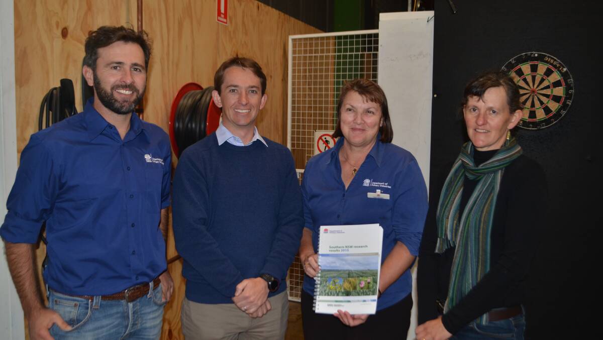 Book launch: Rohan Brill, research agronomist, DPI, Wagga Wagga, Chris Minehan, farm consultant, Wagga Wagga, Deb Slinger, director Wagga Wagga Agricultural Institute, and co-editor of publication and Di Holding, Yerong Creek, who assisted in publishing the book.