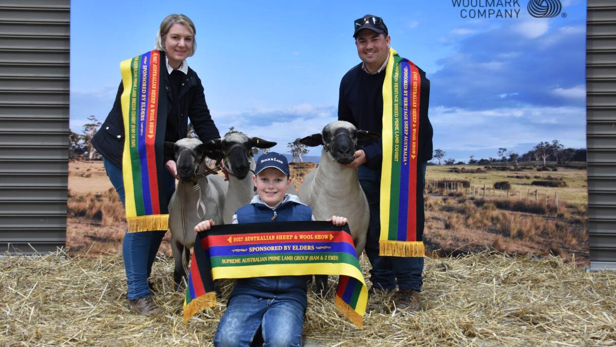 Heidi, Rex and Matt Sherwood, Wollondale Hampshire Downs, Towrang, with their Supreme Australian Prime Lamb group of one ram and two ewes.