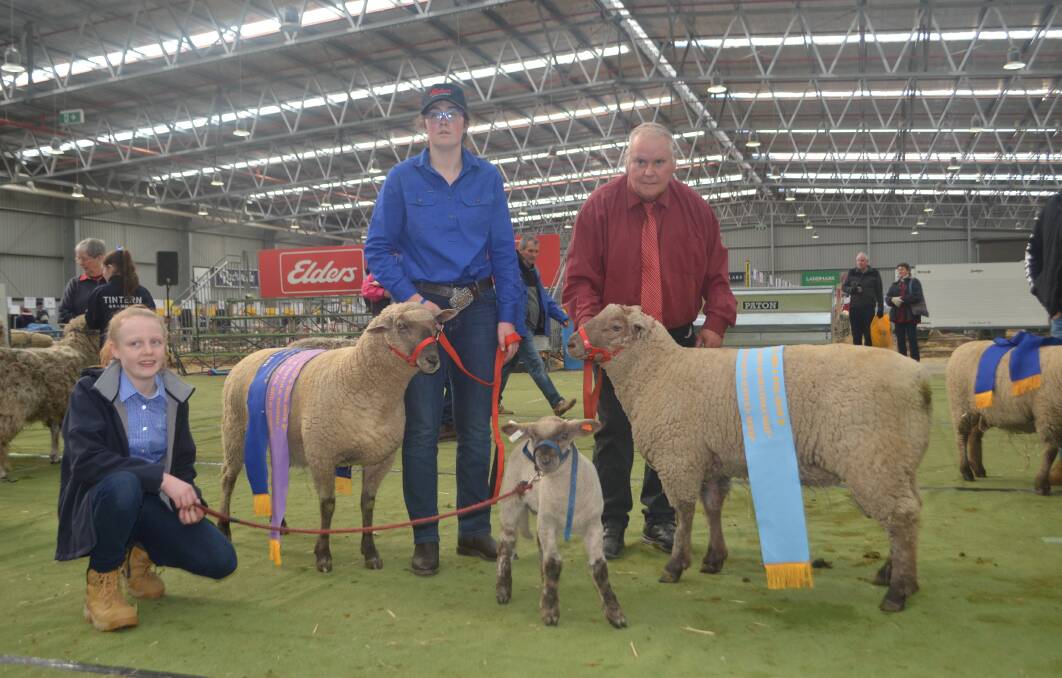 Emmy Horman, Tintern Grammar, Meg Brooks, St Marys of Angels, Nathalia and breeder Barry Shalders, Willow Drive South Suffolks, Grassmere with the champion South Suffolk ewe and champion South Suffolk ram and supreme for breed