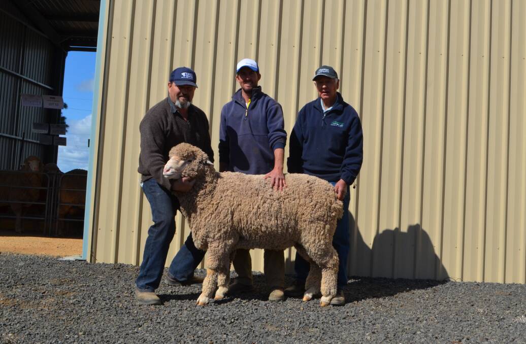 Brydon Edwards and Ralph Diprose, Rocklyn Merino stud, Greenthorpe with the top priced ram at $2700 purchased by Luke Ridley, "Neurome", Caragabal (centre).
