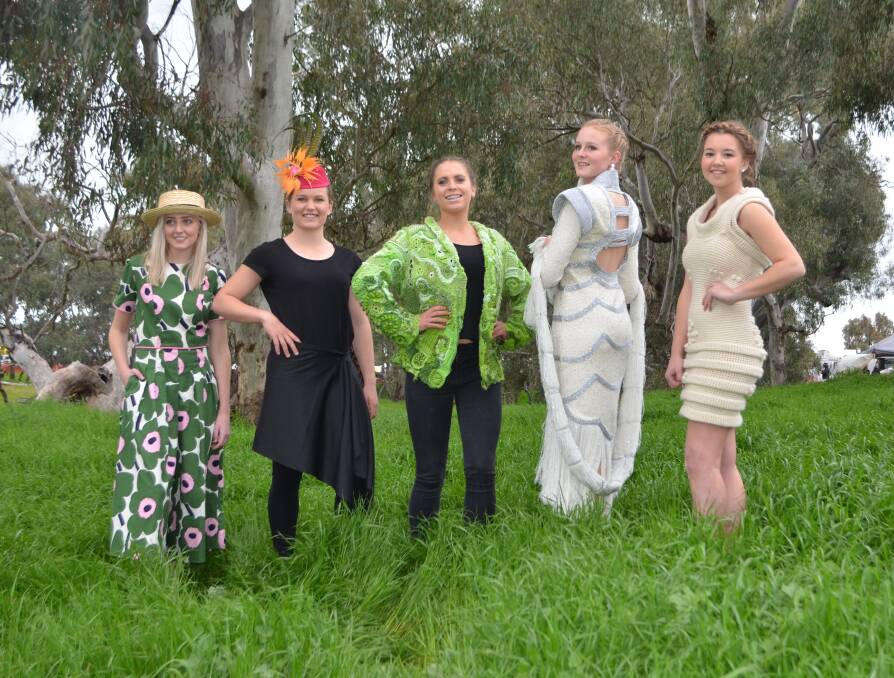 Mannequins model the winning garments in the Henty Natural Fibres Fashion Awards.
Mollie O’Halloran, Yarrawonga, models her own winning garment in the student encouragement award.
Alyce Parker, Holbrook, models the winning millinery entry from Amanda Causer, Wagga.
Greta Mackinlay, Holbrook, modelling the jacket which won the accessories class.
Nessa Liston, Henty, models the supreme garment designed by Laurel Judd, of New Zealand.
Olivia Hall, Walla Walla wearing the winning knitted or crocheted garment, designed by Judy Bond, Mildura.

