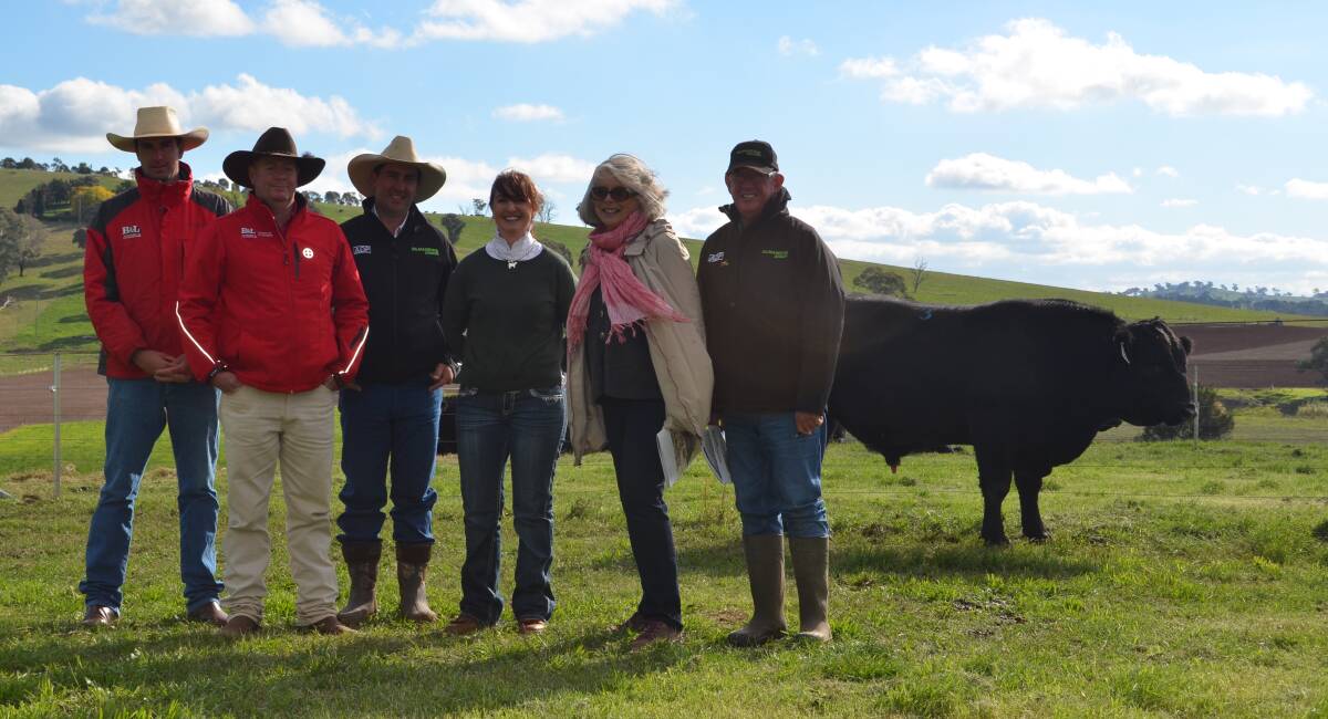 Todd Clements and Justin Guy, Bowyer Livermore Bathurst, Gavin and Kristie O'Brien, Gilmandyke Angus stud manager, Belinda Bateman owner Gilmandyke Angus and Jack Newham, stud advisor with the $16,000 bull. 