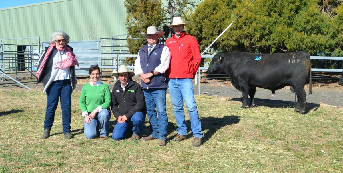 Gilmandyke stud principal, Belinda Bateman, stud managers Kristie and Gavin O'Brien, auctioneer, Michael Glasser, and Todd Clements, Bowyer and Livermore with the $13,500 top-priced bull, Gilmandyke Complement L0387.