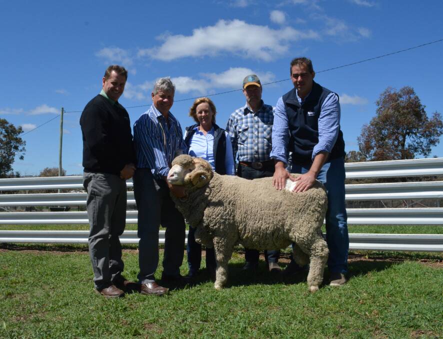 Hillcreston Park's top price Merino ram with Landmark auctioneer Rick Power; stud principal Danny Picker holding the ram, Megan Picker and Victorian purchaser Roger Connley, Omeo, with his agent Jarrod Demarco, Rodwell's Wool, Mansfield.