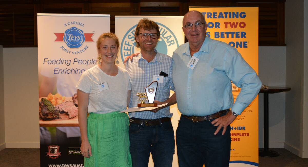 Fifth placegetters Kate and Tom Hicks of Hicks Beef, Annandayle South, Holbrook, with Glen Whitton of Riverina Australia, Qld. Photo: Hannah Powe 