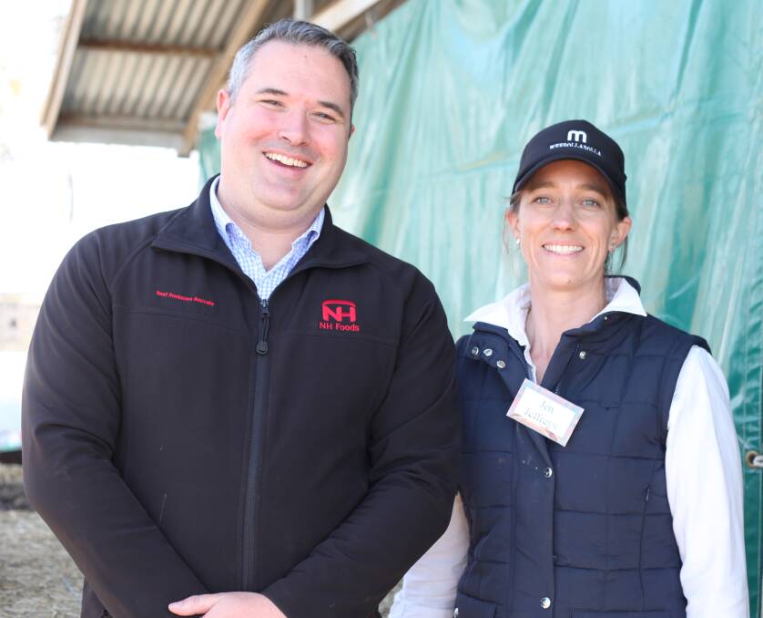 NH Foods export sales manager, Andrew McDonald, and Weebollabolla director, Jen Jeffreys, Dalgety, at the recent Webollabolla field day at Moree. 
  