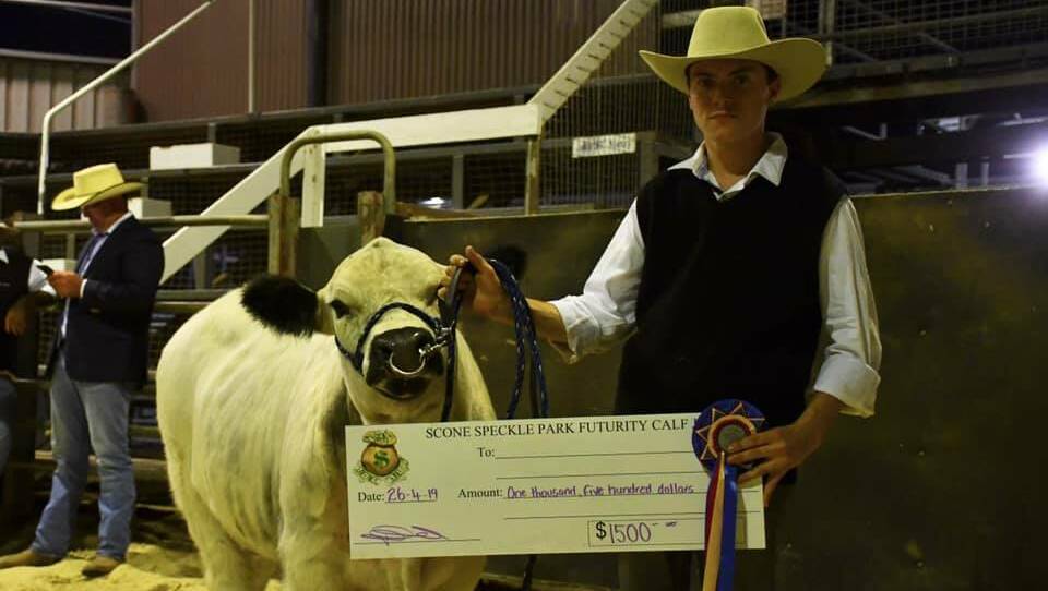 Josh Fenech, Camden, led Rose Hill All Set P9 from Alex Pateman and Natalie Merz, Rose Hill Speckle Parks, Rylstone, to victory in the Speckle Park bull futurity, snapping up the $1500 cheque. Photo supplied. 