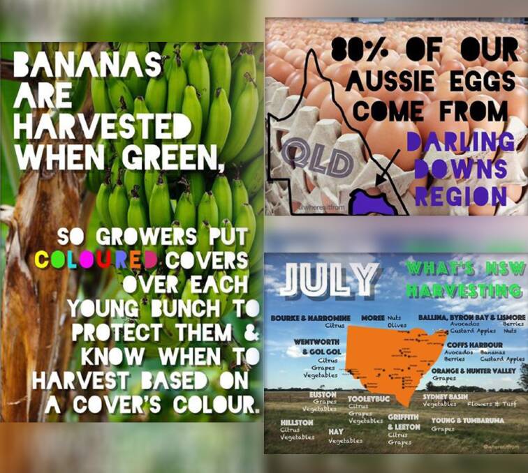 Some of the infograms the Where's It From Facebook project. Media producer Sarah Sanderson rom Coolac wants people thinking more about their food. 