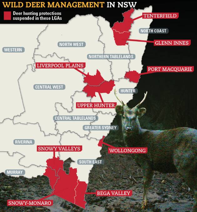 A map of the nine local government areas where deer hunting protections are currently suspended. 