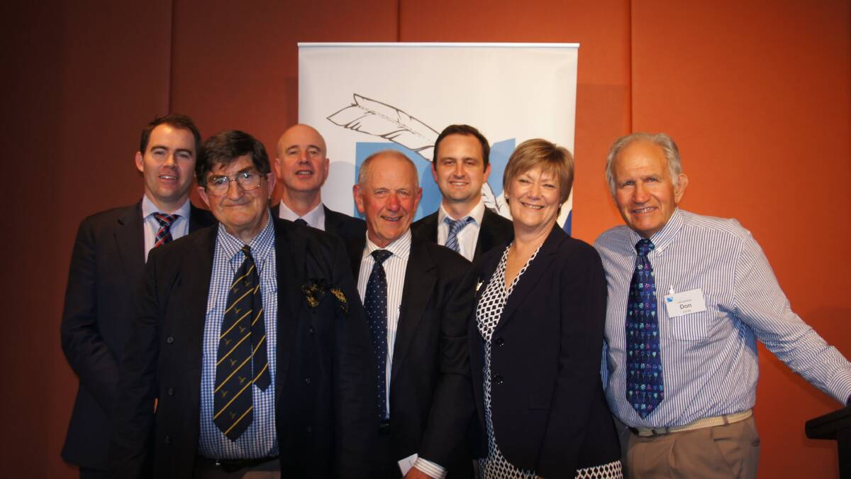 NSW Farm Writers' president Ben Craw, life member Sandy Grieve, President of the Australian Council of Agricultural Journalists Tim Powell, life member Stuart Hutton, immediate past president Paul Dellow, committee member Bev Jordan, and life member and former The Land editor Don Jones. 