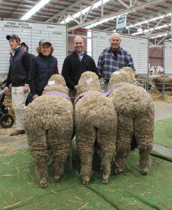 With the best exhibit of three Merino sheep were Harry Miller, Brimpaen, and Jock and Hamish McLaren, Nerstane, Woolbrook, NSW.
