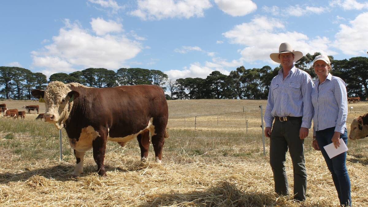 Sam and Jane King, Bowmont Herefords, with the top-priced bull.