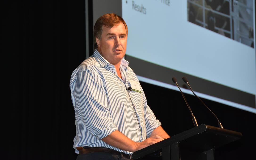 Lamb industry leader Tom Bull speaking at a livestock breeding and genetics forum at the Brisbane Showgrounds last week.