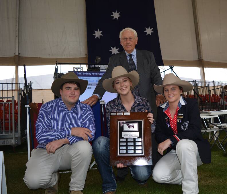 Norman Lethbridge 2017 award winner Ella Palmer, centre, with second and third place getters Grace Cockbain and Ben Sherratt and Richard Buck, secretary of the NSW state committee of Angus Australia.