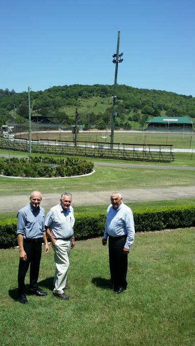 LIGHTS ON: Lismore Showground Trust treasurer Andrew Gordon, president John Gibson and Nationals Member for Lismore Thomas George inspect new electrical upgrades.
