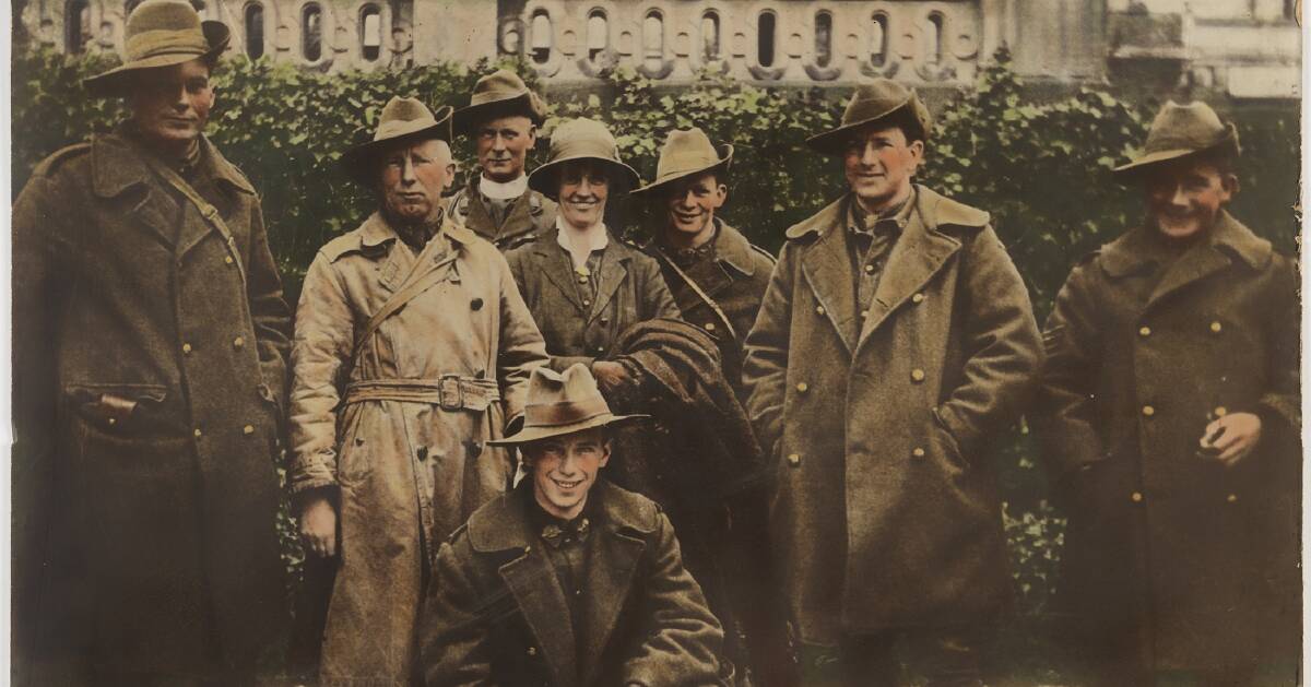 This photograph of Australian soldiers and a nurse features in the exhibition of delicately coloured snapshots from World War I.