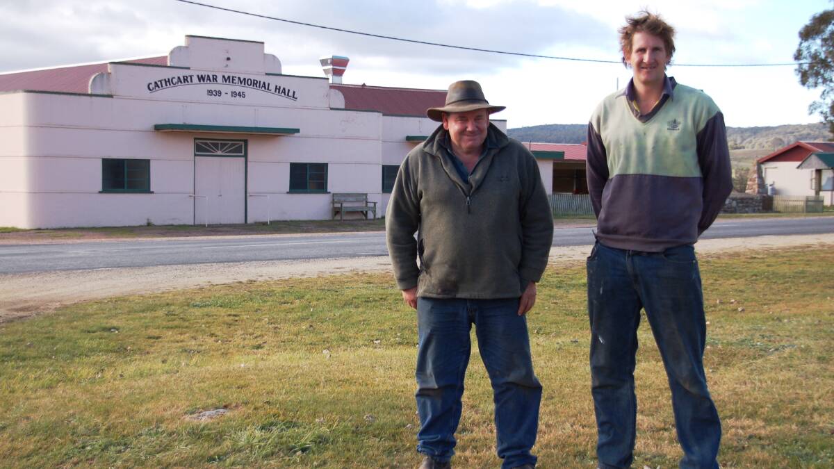 Farmer and volunteer, John Moreing, and Cathcart community committee president, Ryan "Fred" Simpson, outside the hall.