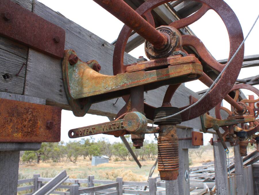 In 2007 a violent wind storm blew away most of the 50-year-old woolshed on Oxley Station. The overhead gear is still in place, however, rusting in the open air.