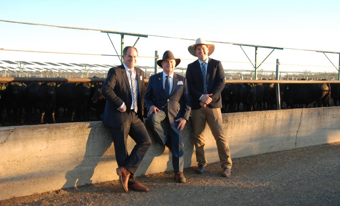 Stockyard's general manager Lachie Hart, owner Robin Hart and feedlot manager Steve Martin at Kerwee's feedlot expansion unveiling.