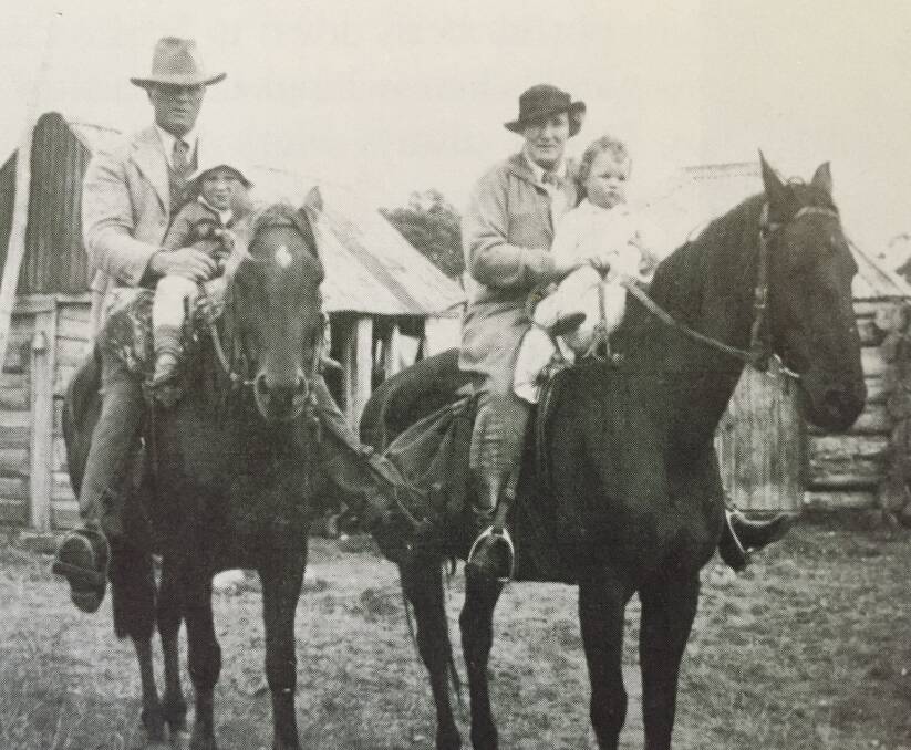 Tom and Mollie Taylor with young sons Don and Ted, ready for a day's ride. "We'd go everywhere like this, even up onto Mount Kozciusko, until we had our own ponies", Ted recalled.