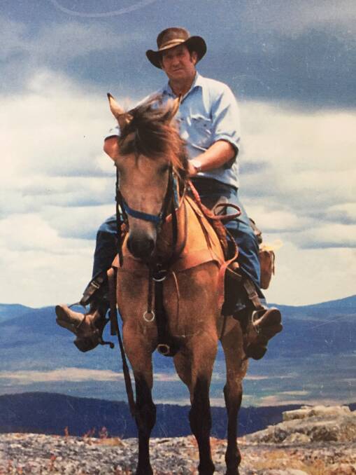 Ted Taylor on Jaheel on the summit of Mt Morgan at the border of the ACT and Kozciusko National Park. Mr Taylor was the last of an era of mountain stockmen who saw the changes in ecology from when stock grazed in the mountains to when summer grazing was halted in the National park in the late 1960's. Photo: Geoff Luther.