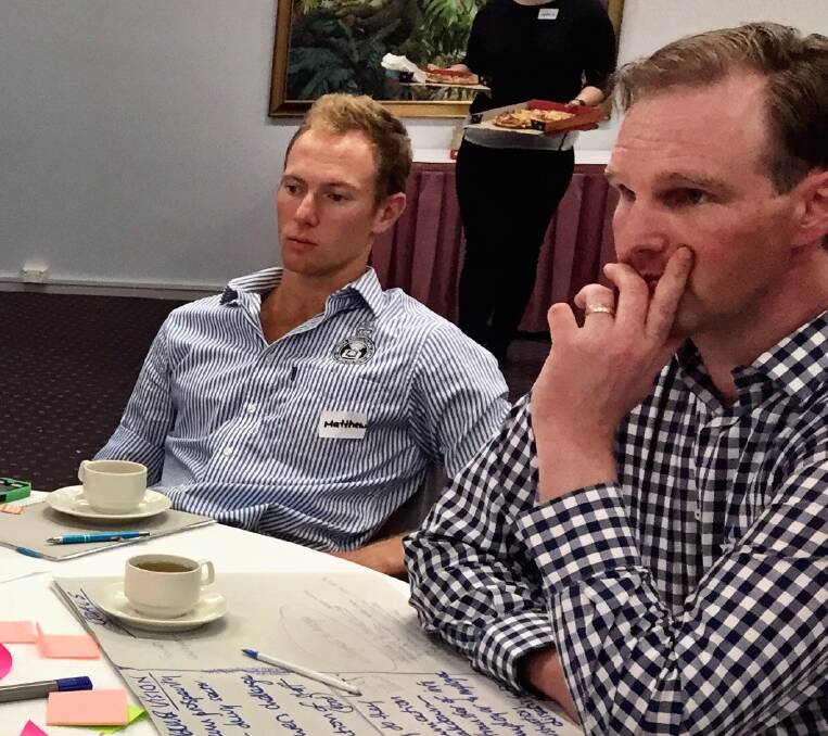 Members of the Dairy Team in deep thought about their issue of high staff turnover and low retention rates within the sector. From left, Matt Champness, third year agriculture student at CSU and Peter Havrlant, NSW DPI Dairy Development Officer.