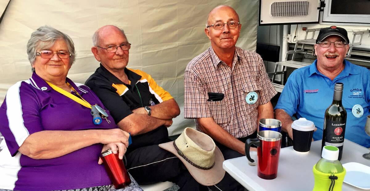 Marg Lackersteen from Young, Allan Littleford of no fixed address, John Feruglio from Kilsyth )Vic) and Ken Rice from Moama (NSW) sharing stories during Happy Hour. Photo - pennie scott