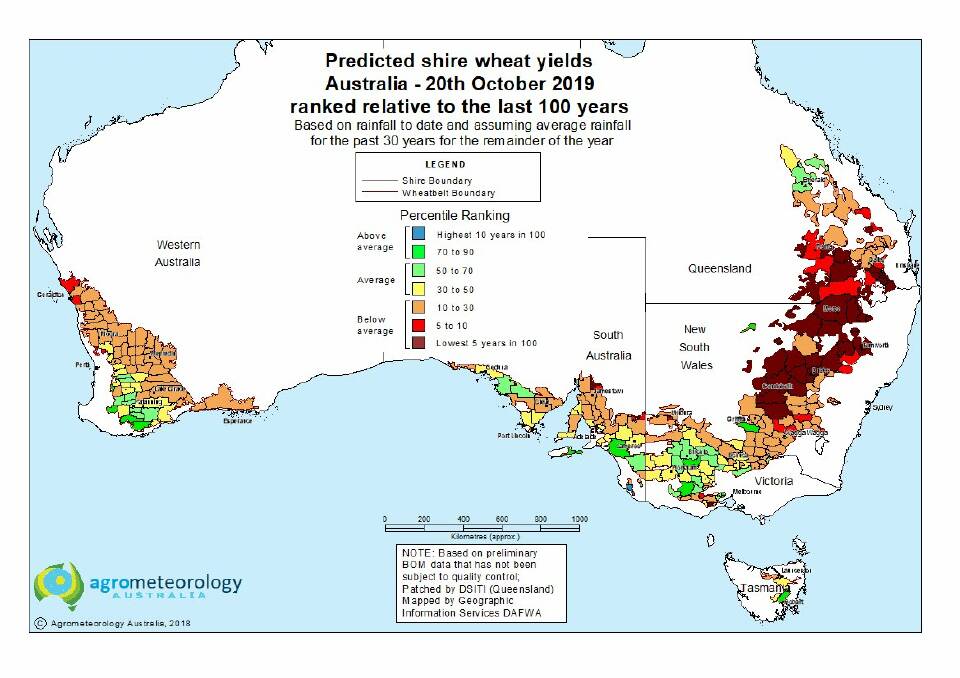 The current yield map from Agrometeorology Australia shows the extent of the big dry this year. 