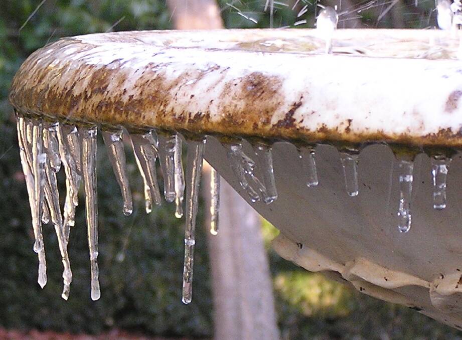   Icicles form from running water in heavy frost. Pre-winter temperatures in some areas of New South Wales have so far plummeted to minus seven degrees Celsius.