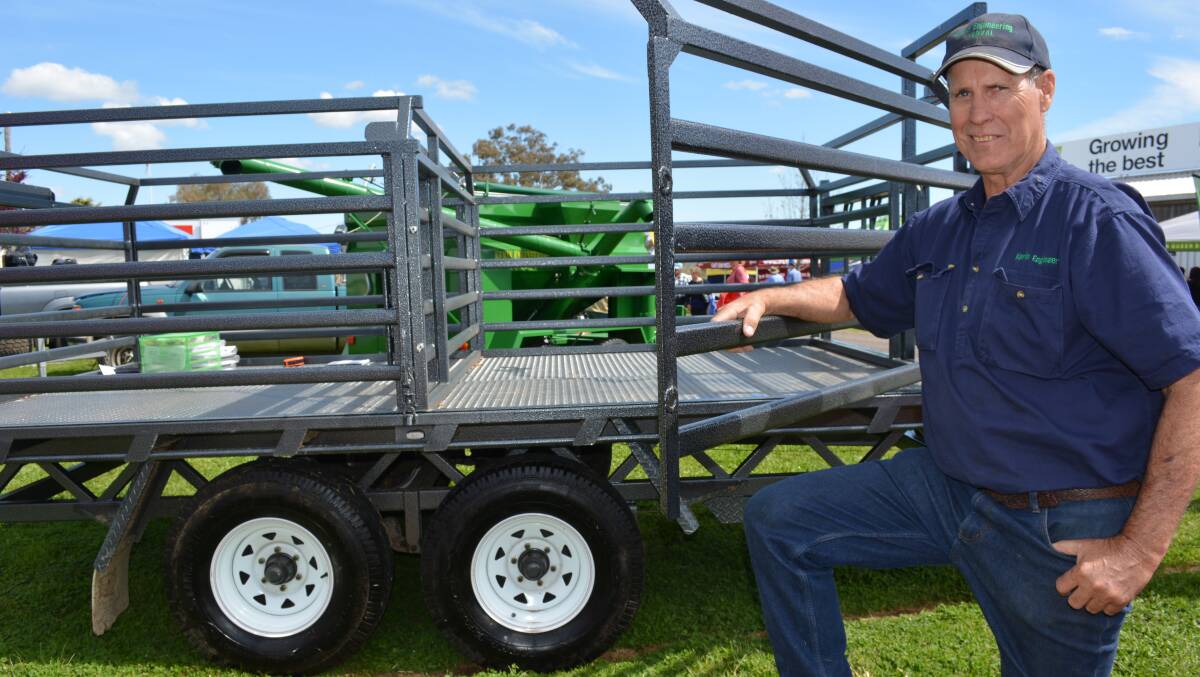 David Kerin, Kerin Engineering, Yeoval, with his flat bed sheep trailer. This was part of his display at the Australian Nationals Field Days, Borenore, near Orange, which one him best local exhibit.
