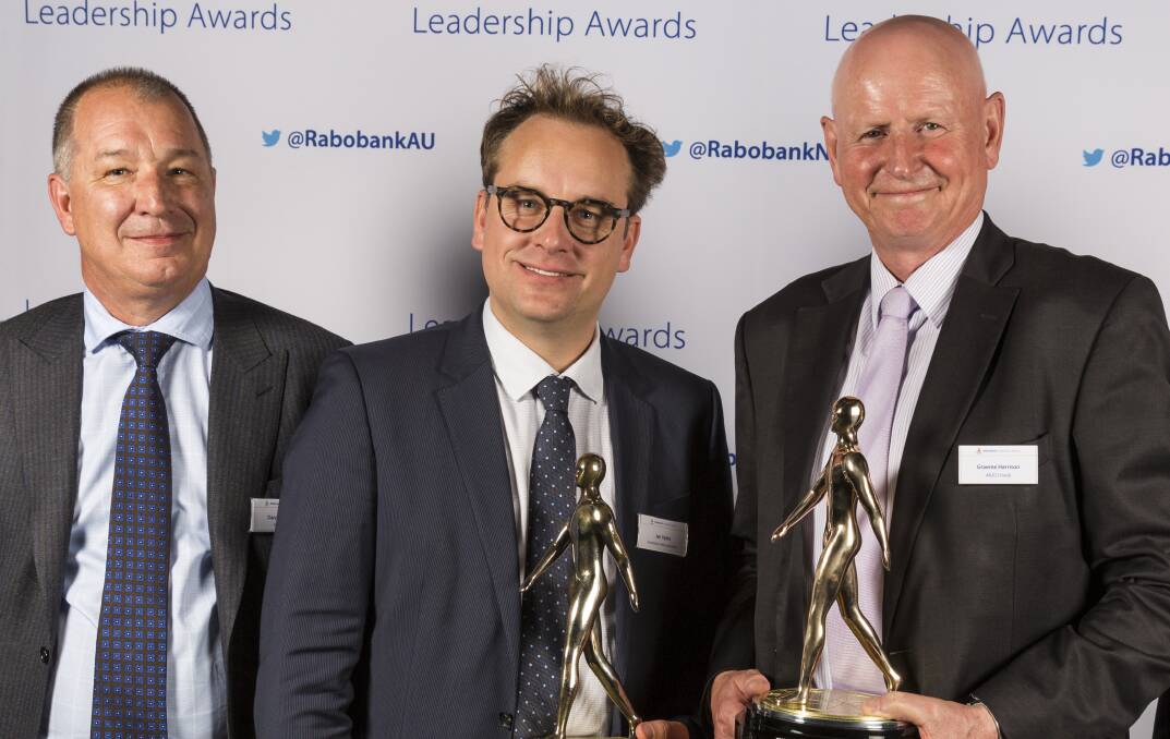 Rabobank New Zealand CEO Daryl Johnson, Emerging Leader Jan Vydra, Leadership award winner Sir Graeme Harrison, Wakanui, South Island, NZ.